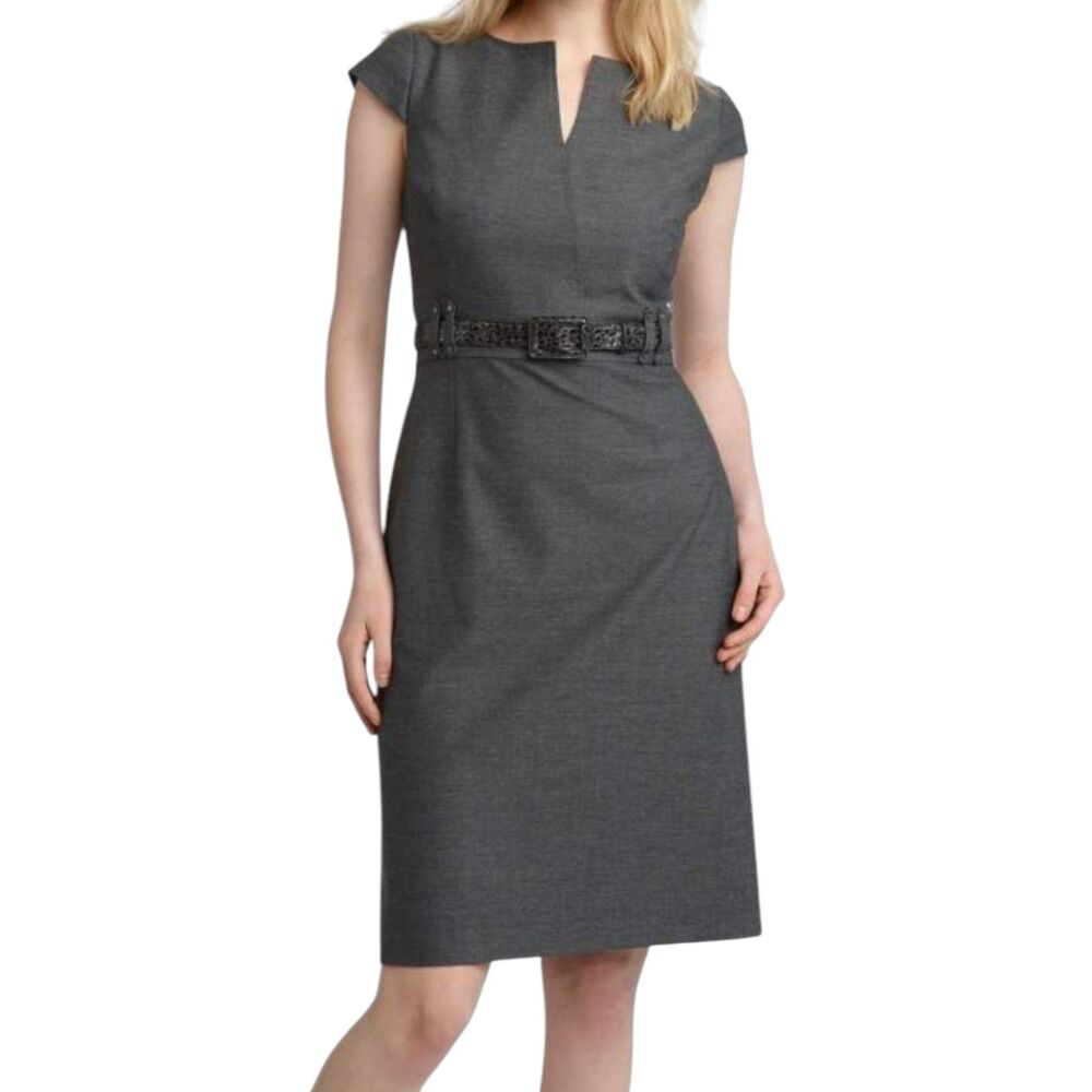 Tahari Arthur S Levine Dress Womens 8 Gray Split Neck Cap Sleeve Sheath Casual